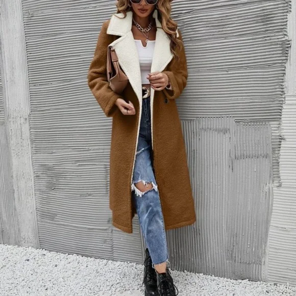 Cozy Khaki Teddy Long Coat Jacket Minimalist - Picture 5 of 12